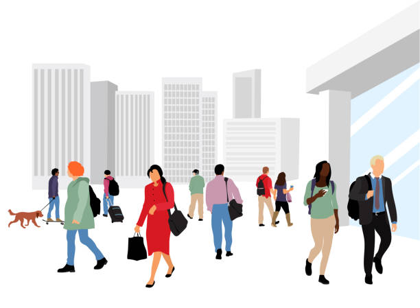 Very Large Crowd Flat Design City Crowd with a variety of people in a downtown square, walking in all directions with tall buildings in the background pedestrian stock illustrations