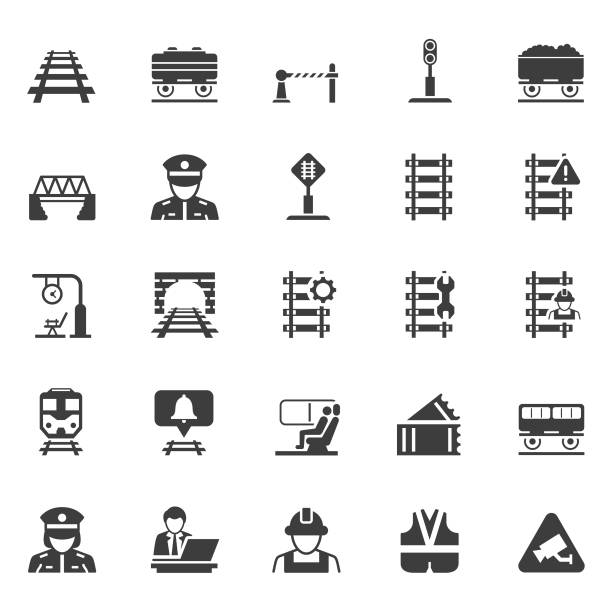 ilustraciones, imágenes clip art, dibujos animados e iconos de stock de conjunto de iconos ferroviarios - transporte ferroviario
