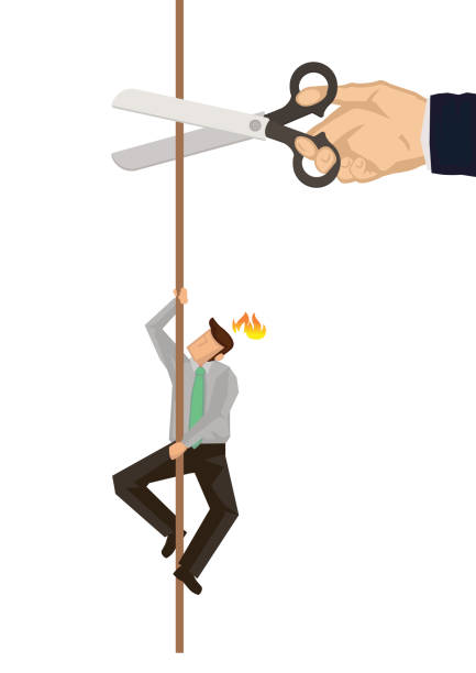 Businessman climbing Businessman climbing on rope while a giant hand with scissors cutting the rope. Concept of sabotage. Business concept vector illustration. sabotage icon stock illustrations