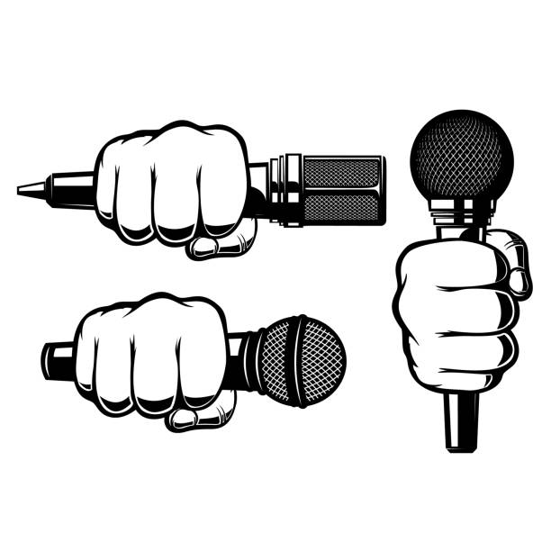 Human hand with microphone. Design element for sign, label, t shirt. Vector illustration Human hand with microphone. Design element for sign, label, t shirt. Vector illustration hand holding microphone icon stock illustrations