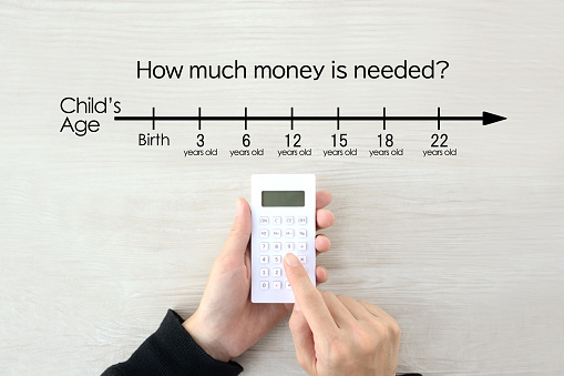 Child's age indication bar and human's hands with calculator, financial planning for child image