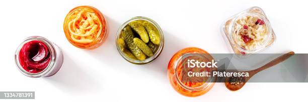 Fermented Food Panorama On A White Background Canned Vegetables Stock Photo - Download Image Now