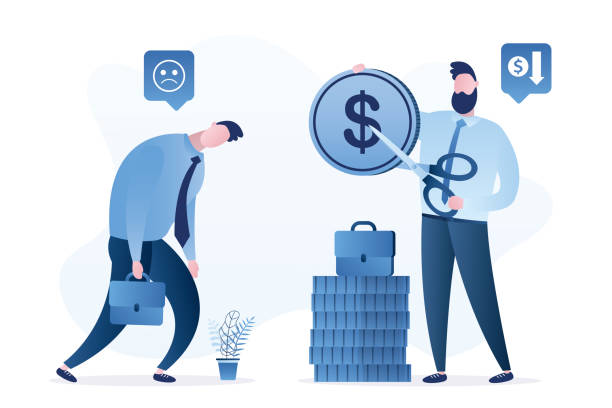Boss cut salary for employee. Businessman uses scissors for cut coin. Unhappy male clerk after fall wages. Economic crisis, business problems concept. vector art illustration