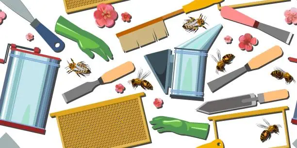 Vector illustration of Beekeeping equipment. Horizontal seamless pattern. Honey extractor and smoker. Stamens, knives and brushes. Frame without wax and honeycomb. Gloves, bees and honey flowers. Isolated Background Vector