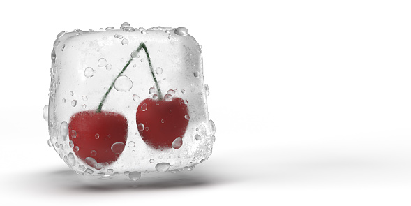 3D rendered frozen food concept: Fruits in ice cube with water drops on white background with large copy space. Keeping freshness by freezing vegetables in cold temperature. Global transport of agricultural cargo. Long shelf life and preservation in food industry.