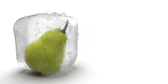 3D rendered frozen food concept: Fruits in ice cube with water drops on white background with large copy space. Keeping freshness by freezing vegetables in cold temperature. Global transport of agricultural cargo. Long shelf life and preservation in food industry.