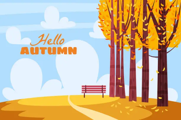 Vector illustration of Autumn landscape city park with text Hello Autumn. Fall, trees in yellow orange foliage, alley, path, bench. Vector background illustration, poster