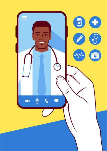 Vector illustration of Telemedicine helps doctors and patients stay connected during Covid-19, the doctor on the smartphone screen talking online with the patient