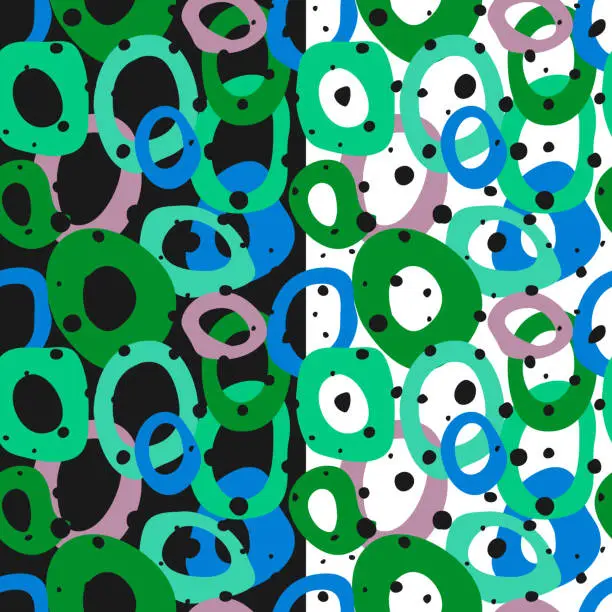 Vector illustration of Free hand drawn circles seamless pattern. Random brush ink stroke rounded shapes, blue green palette, spoted dots. Black, White easy editable color background. Vector