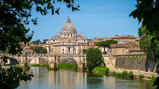 Rome, Lazio, Italy: walking from Lungotevere degli Altoviti, on the opposite side the view of Castel Sant'angelo with its dedicated bridge