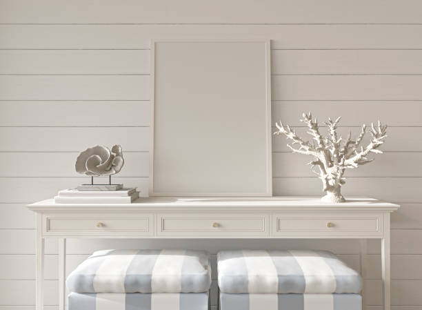 istock Coastal design room. Mockup frame in cozy home interior background. Hampton style 3d render illustration. 1334786996