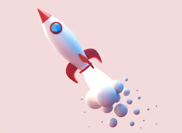 Pink space rocket sculpture. 3d rendering picture. High quality 3d illustration