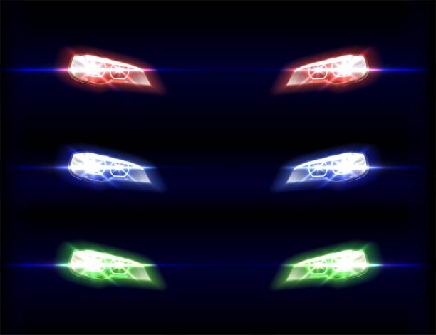 istock Vector car front lights in different color shades on transparent dark background. 1334789560