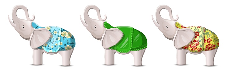 Vector cartoon flat style lucky elephants with lifted up trunks. Isolated on white background illustration.