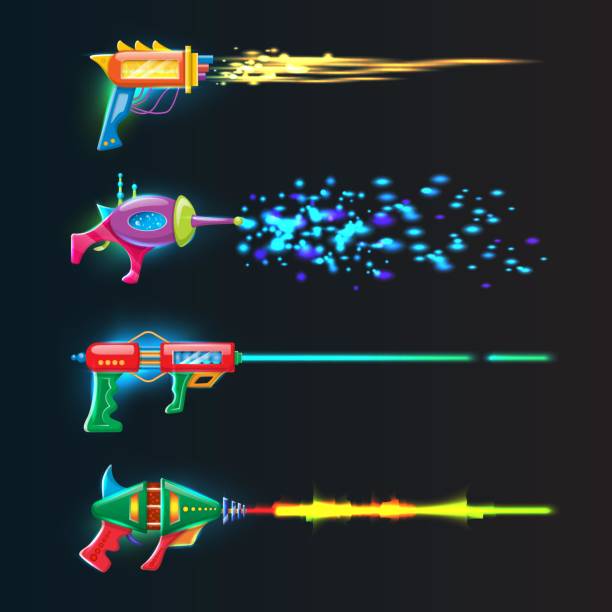 istock Vector cartoon set of colorful glowing in dark neon blasters with glowing shoot rays. 1334789596