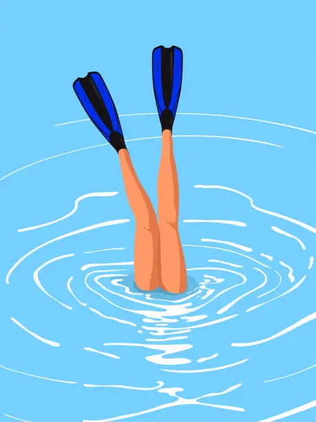 Vector illustration of Sexy legs with diving flippers falling into water .