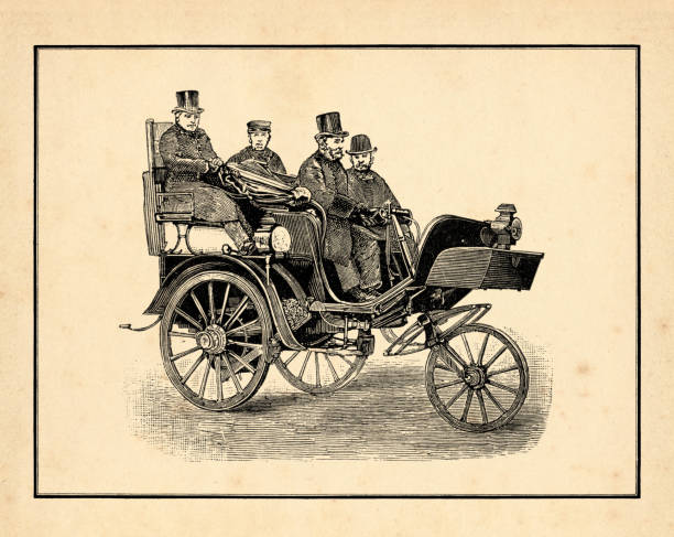 Antique peugeot automobile as tricycle with passengers driving 1897
Built by Gardner-Serpollet ( Société des Moteurs Serpollet frères et Cie ) in Paris with a max. speed of 30 km/h - also called Peugeot Typ 1 because the Peugeot brothers built this vehicle in lecence in 1889
Serpollets Dampfkutsche mit gefahrlosem  Kessel
Original edition from my own archives
Source : Brockhaus 1897
