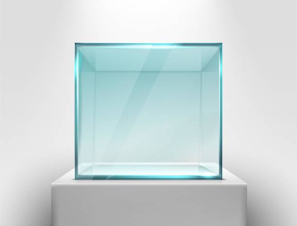 realistic vector glass square showcase on a white stand for presentation. 3d realistic vector glass square showcase on a white stand for presentation. plexiglas stock illustrations