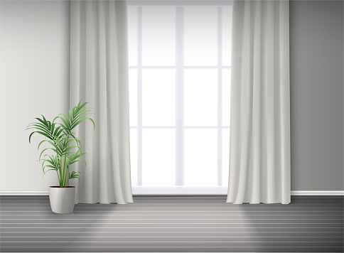 3d realistic vector room interior with big window with light and curtains and potted plant on the floor.