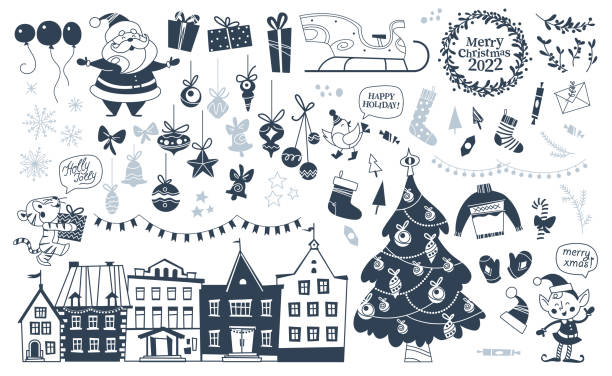 merry christmas elements set - santa claus, elf, fir tree, stocking, sleigh, gift, tiger character, decor balls isolated. - santa hat stock illustrations
