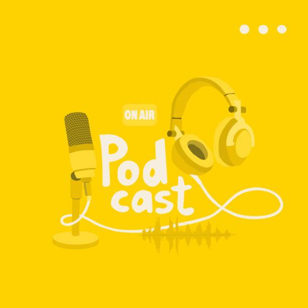 ilustrações de stock, clip art, desenhos animados e ícones de cover for a podcast blog. studio microphone, stereo headphones and sound track on a yellow background. eps 10 - youth culture audio