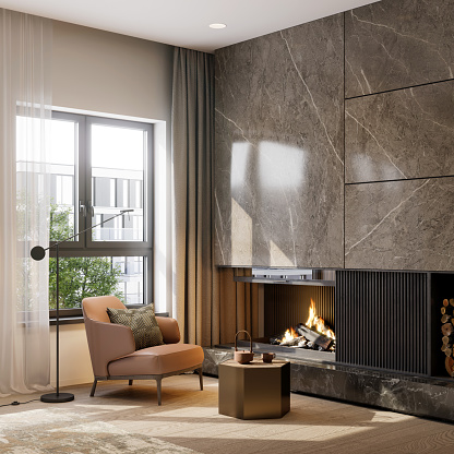Interior of a bedroom with armchair by the fireplace. 3D rendering of a luxurious bedroom interior.