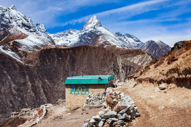 Scenic mountain house landscape in Everest or Khumbu region in Himalaya in Nepal