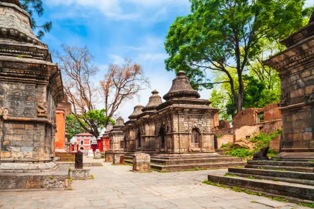 Hindu shrines on the other side of the Pashupatinath Temple complex in Kathmandu city in Nepal