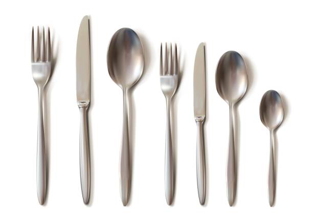 ilustrações, clipart, desenhos animados e ícones de conjunto de talheres realistas com faca de mesa, colher, garfo, colher de chá e colher de peixe. - silverware spoon isolated fork