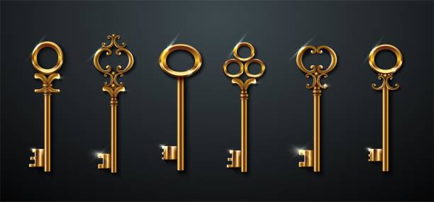 realistic vector collection of golden old vintage keys. 3d realistic vector collection of golden old vintage keys. key stock illustrations