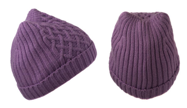 set of two women's hat . knitted hat isolated on white background.purple hat .