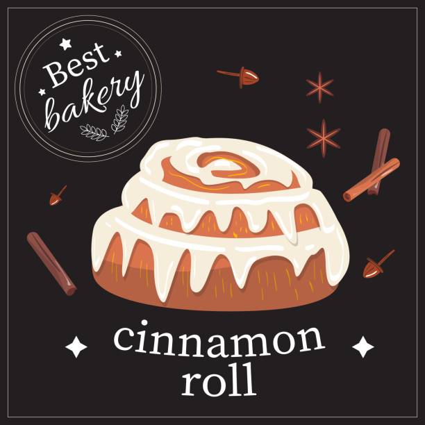 Cinnamon bun on black background. Cinnamon roll with cinnamon, anise and cloves. Best bakery logo. Cinnamon bun on black background. sweet bun stock illustrations