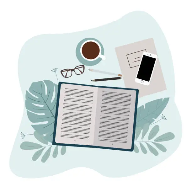 Vector illustration of Cup of coffee, open book, notebook, glasses on abstract background. Work, educations, reading concept.