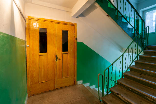 Doors in an apartment building and stairs