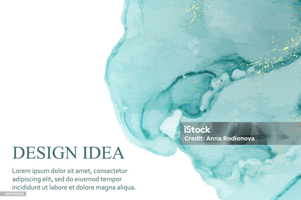 Watercolor Background With Abstract Teal Ink Waves And Golden Splashes