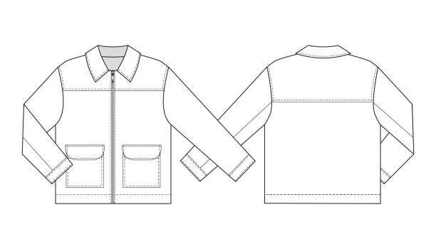 Zipped jacket with collar Fashion technical drawing of zipped jacket with pockets mens clothing stock illustrations