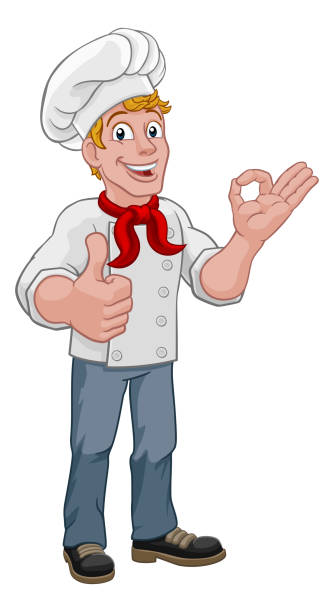 셰프 베이커 쿡 맨 만화 캐릭터 - waiter thumbs up restaurant cheerful stock illustrations