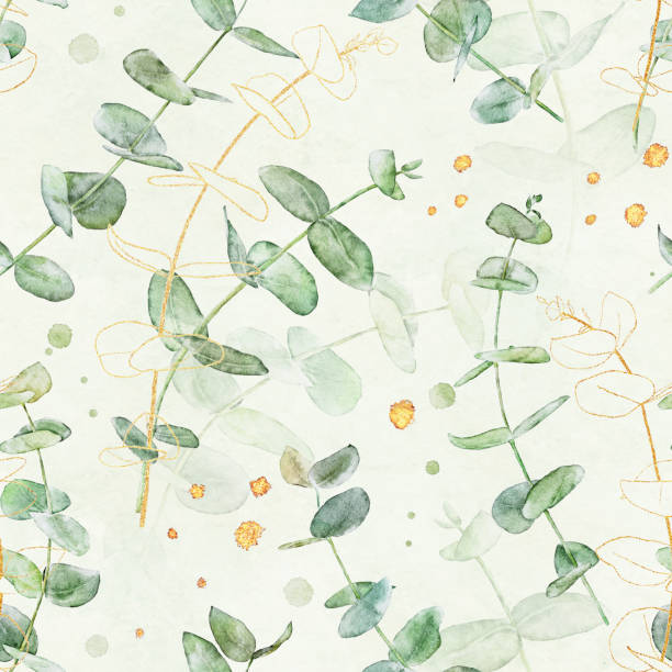 istock Watercolor seamless pattern with branches of green and golden eucalyptus on light background. 1334800285