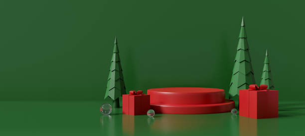 istock Merry Christmas background abstract green tree with red gift box. Pedestal 3d rendering for mock up, celebration sale banner product display stand, podium stage. 1334801686