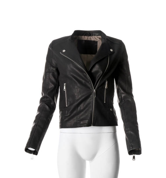 istock Stylish leather jacket on mannequin against white background. Women's clothes 1334802708