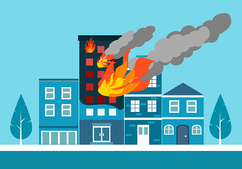 Fire burning residential apartment building. Orange flames in the windows and smoke. Building fire flat design vector illustration.