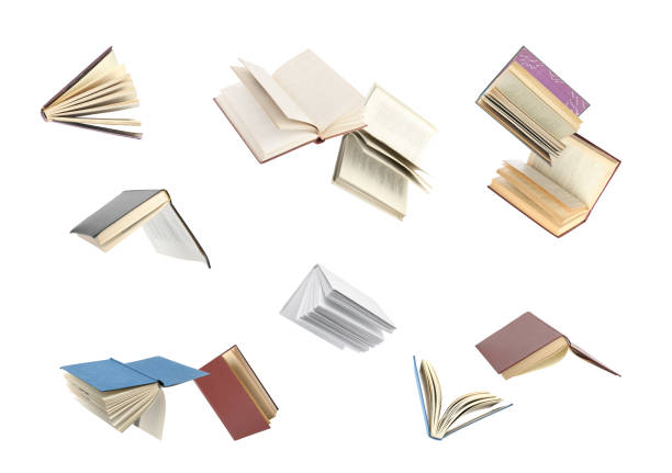 istock Old hardcover books flying on white background 1334802989