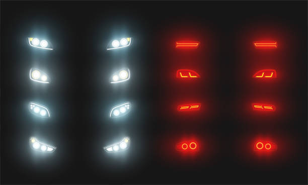 sammlung realistische autofront und seltene led-leuchten vektorillustration autoscheinwerfer bei dunkelheit - autoscheinwerfer stock-grafiken, -clipart, -cartoons und -symbole
