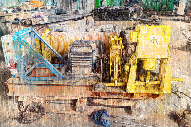 Big yellow stationary winch inside the production hall. An apparatus for lifting or moving loads with a pull rope. Digital watercolor painting. Contemporary art.
