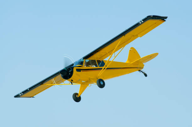 Yellow colored single engine light aircraft flying in the blue sky