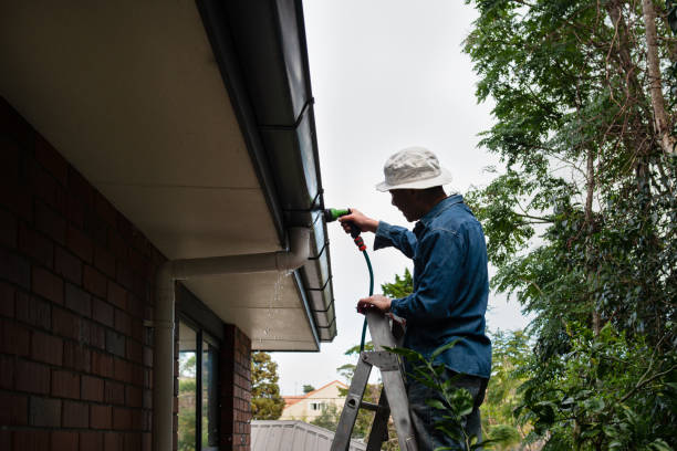 man standing on the ladder and washing the gutter using a garden hose. home maintenance work. - çatı oluğu stok fotoğraflar ve resimler