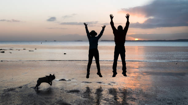 two people and a dog in silhouette jumping in the air at milford beach at sunrise, auckland - dog tranquil scene pets animals and pets imagens e fotografias de stock