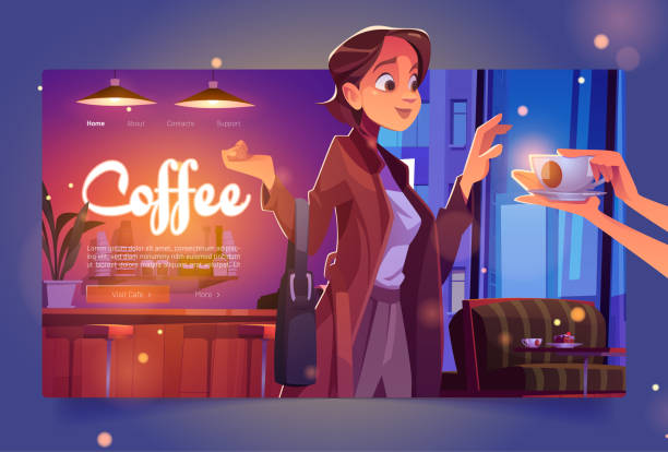 kaffeebanner mit frau im café - back seat illustrations stock-grafiken, -clipart, -cartoons und -symbole