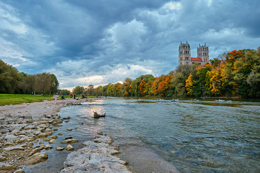 Isar river, park and St Maximilian church from Reichenbach Bridge. Munchen, Bavaria, Germany.