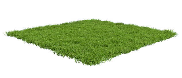 Squared surface patch covered with green grass isolated on white background. Realistic natural element for design. Bright 3d illustration.